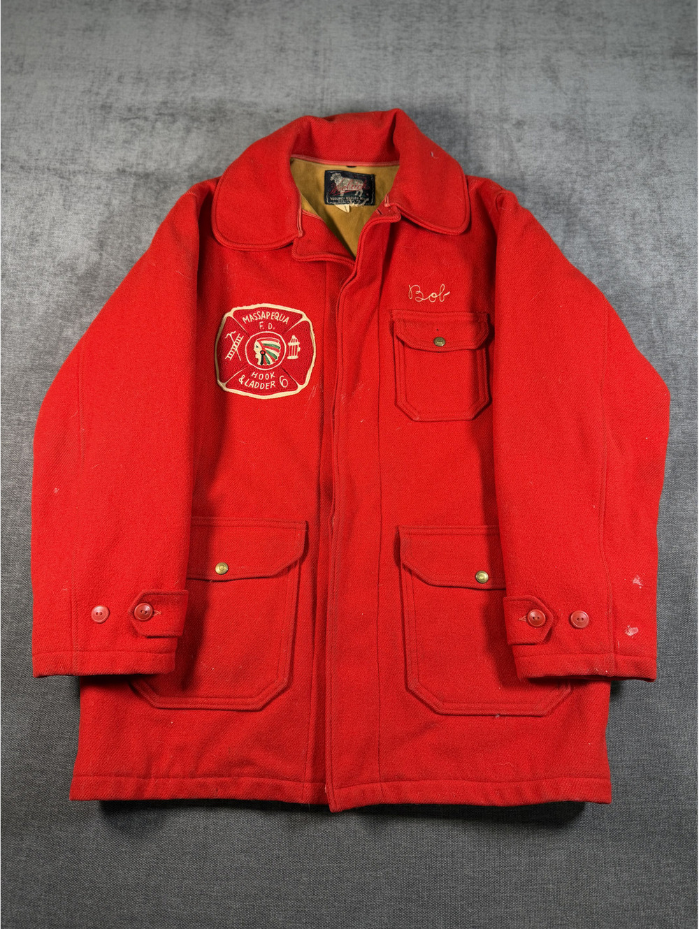 Vintage Woolrich Red Wool Firefighter Jacket with Massapequa F.D. Hook & Ladder